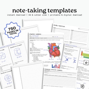 Plantillas para tomar notas de estudiantes y herramientas de estudio Imprimibles Tamaño carta A4 Descarga digital Minimalista College Goodnotes Notebook iPad Académico