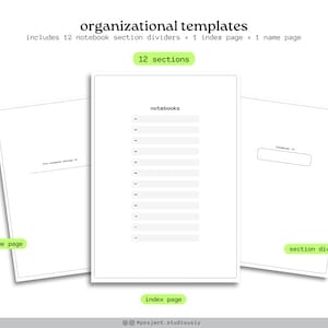 Op de afbeelding: Een afdrukbare organisatiesjabloon voor een notitieboek met 12 secties, een indexpagina en een naampagina. De sjabloon bevat een sectie voor notitieboekjes, een sectiedeler en een naampagina.