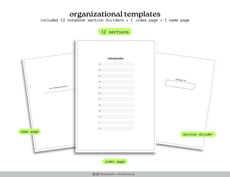 Op de afbeelding: Een afdrukbare organisatiesjabloon voor een notitieboek met 12 secties, een indexpagina en een naampagina. De sjabloon bevat een sectie voor notitieboekjes, een sectiedeler en een naampagina.