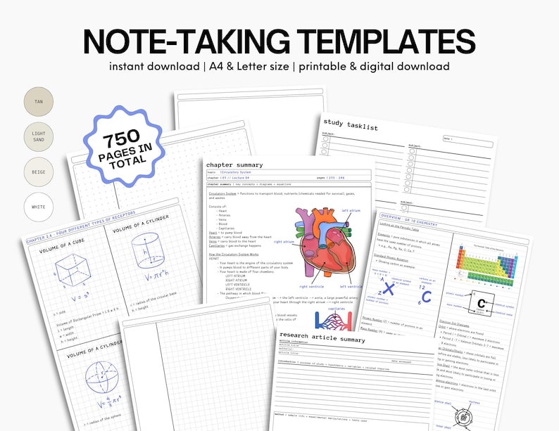 750+ sjablonen voor het maken van aantekeningen: minimalistische studiehulpmiddelen (digitale download, printables) afbeelding 1