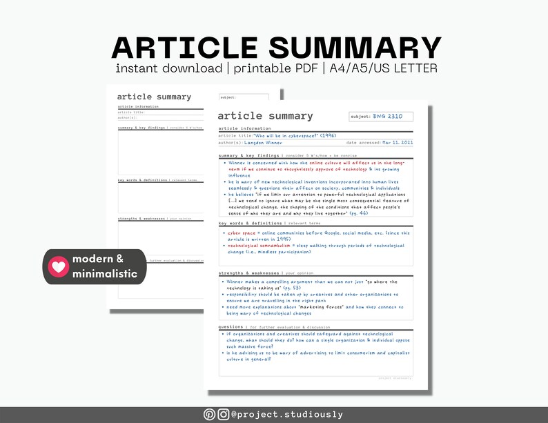 Article Summary | Summary Tool | Printable PDF | Minimalist Digital ...