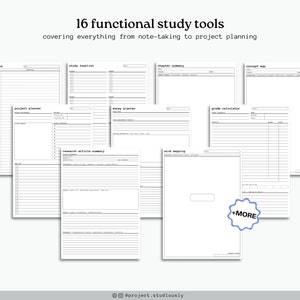 Op de afbeelding: Een set van 16 printbare studiehulpmiddelen voor studenten. De hulpmiddelen omvatten een projectplanner, een essayplanner, een cijfercalculator, mindmapping, een samenvatting van onderzoeksartikelen, definities, een studie checklist, een hoofdstuk samenvatting en een conceptmap. De hulpmiddelen zijn ontworpen om studenten te helpen hun studie te organiseren en hun academische prestaties te verbeteren.