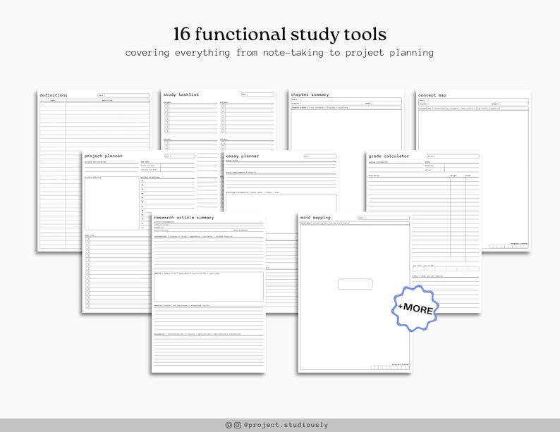 Op de afbeelding: Een set van 16 printbare studiehulpmiddelen voor studenten. De hulpmiddelen omvatten een projectplanner, een essayplanner, een cijfercalculator, mindmapping, een samenvatting van onderzoeksartikelen, definities, een studie checklist, een hoofdstuk samenvatting en een conceptmap. De hulpmiddelen zijn ontworpen om studenten te helpen hun studie te organiseren en hun academische prestaties te verbeteren.