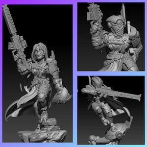 May include: A grayscale 3D-printed miniature of a female warrior in futuristic armor, holding a large rifle. The figure is posed dynamically on a textured base, with detailed armor and a helmet. Additional views show the warrior with a different weapon and helmet.