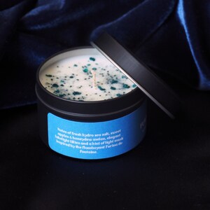 May include: A black candle tin with a blue label that reads "Notes of fresh hydro sea salt, sweet apples & honeydew melon, elegant night lilies and a hint of light musk inspired by the flamboyant Furia de Fontaine."