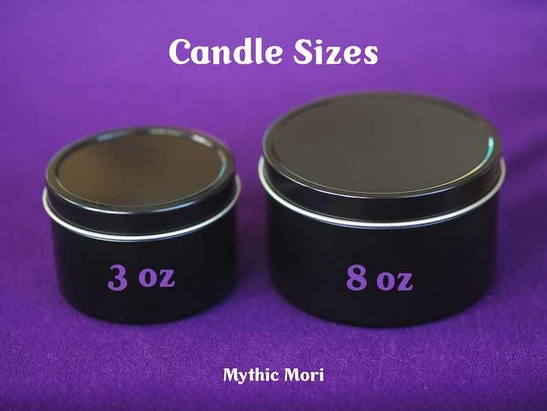 May include: Two black metal candle tins, one labelled "3 oz" and the other labelled "8 oz". The tins are on a purple surface. Candle Sizes.