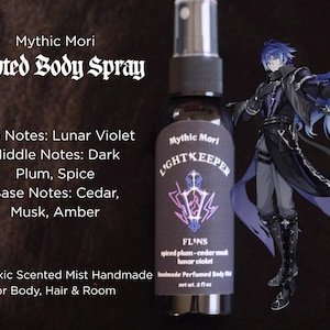 May include: A black spray bottle of Mythic Mori Lightkeeper scented body spray with a net weight of 2 fl oz. The label features a purple lantern graphic, text listing notes of lunar violet, dark plum, spice, cedar, musk, and amber, and an anime character.