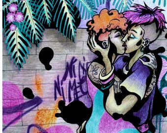 Lesbos V - Dessin à l'encre de Chine et crayons - Illustration queer érotique