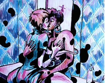 Lesbos III - Dessin à l'encre de Chine et crayons - Illustration queer érotique