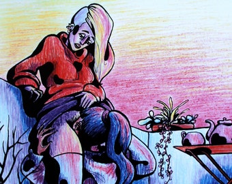 Lesbos IV - Dessin à l'encre de Chine et crayons - Illustration queer érotique