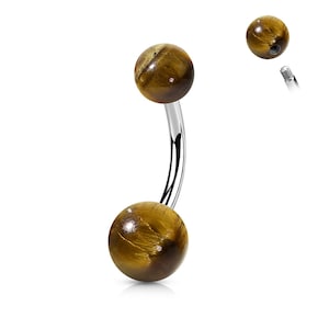 May include: A silver belly button ring with two round tiger's eye gemstone beads.