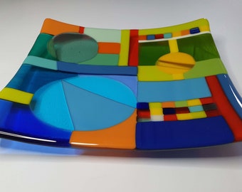 Square fused glass plate, decorative serving piece many beautiful colors