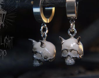 Evil Devil Skull Earrings – Gothic Charms on Chunky Stainless Steel Hoops