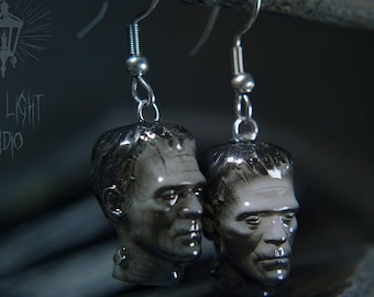 Frankenstein Head Earrings • Gothic Horror Jewellery with Resin Monster Charm on Hooks • Handmade
