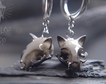 Cat Skull Thin Hoop Earrings | Handmade  Gothic Resin Jewellery | Feline Memento Mori