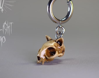 Old Cat Skull Earrings • Handmade Gothic Resin Jewellery on Stainless-Steel Hoops & Hooks