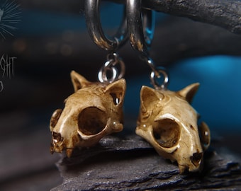 Cat Skull Thin Hoop Earrings • Gothic Resin Jewellery • Handmade