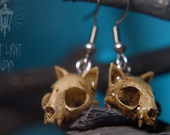 Old Cat Skull Hook Earrings • Gothic Resin Jewellery • Handmade