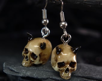 Hook Earrings with a Devil Skull Dangle | Demon Bone Drop for Alt Horror