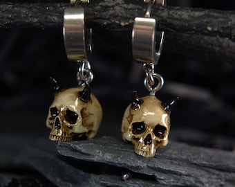 Thick Hoop Earrings with a Devil Skull | Demon Horror Jewellery London