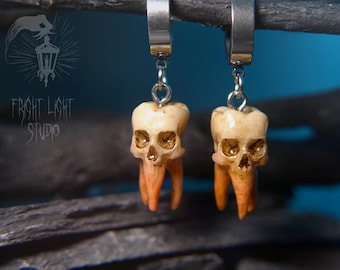 Tooth Skull Thick Hoop Earrings | Dental Horror Jewellery London | Goth Gift