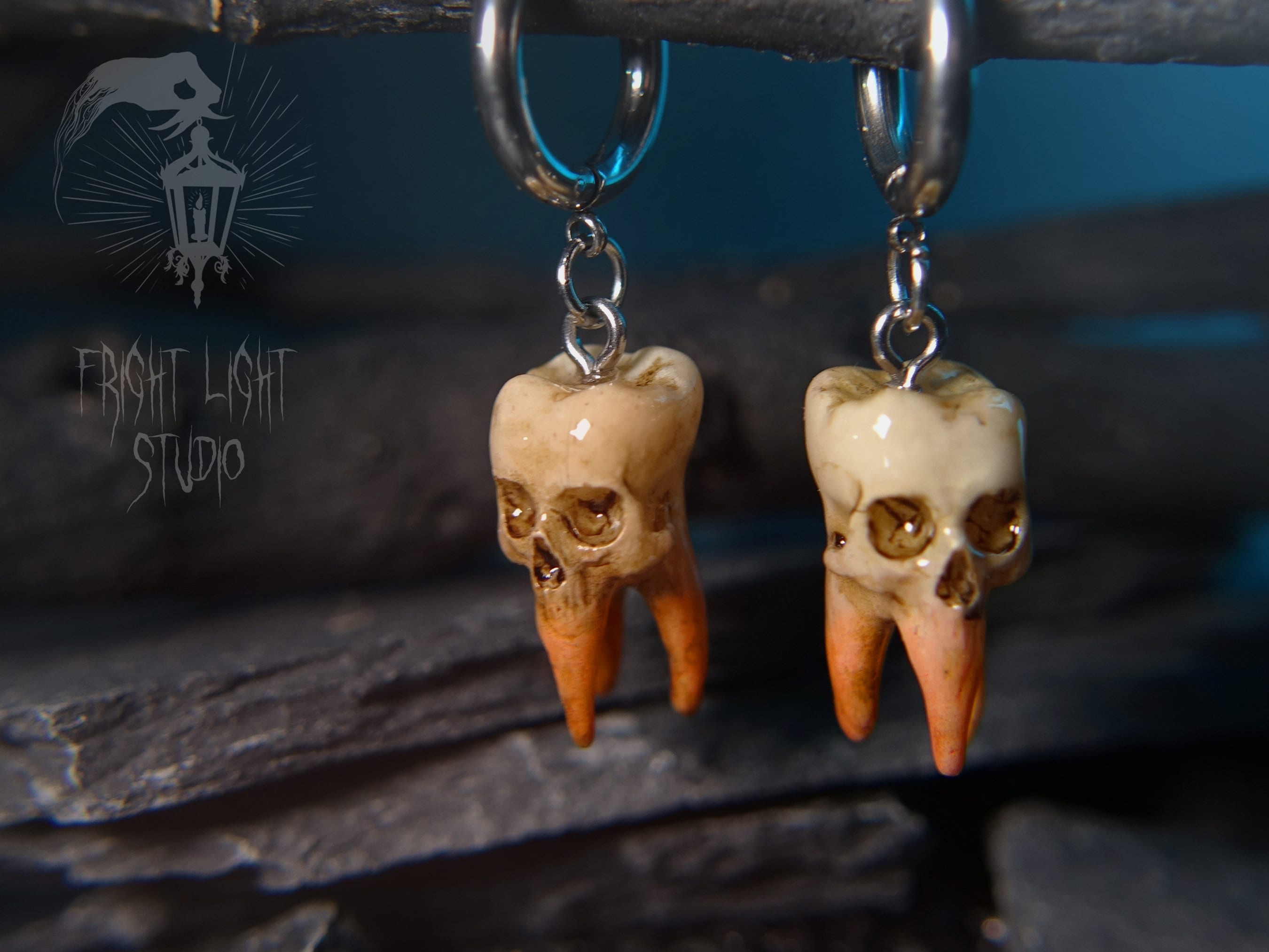 Handmade Skull Tooth Hoop Earrings, Glossy |Old | Resin | Gothic Punk Style | Hypoallergenic | Dark | Horror