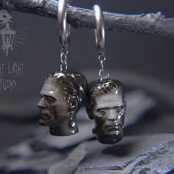 Ręcznie robione kolczyki Frankenstein Glossy Hoop | kolczyki vintage | Żywica | Styl gotycki punk | Hipoalergiczne