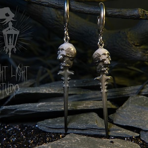 Thin Hoop Earrings with Double Skull Dagger | Gothic Dark Jewellery Handmade in London | Creepy Horror Blade for Alt Girls
