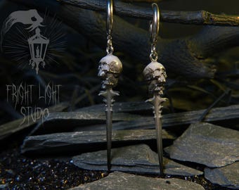 Thin Hoop Earrings with Double Skull Dagger | Gothic Dark Jewellery Handmade in London | Creepy Horror Blade for Alt Girls