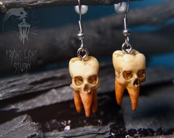 Tooth Skull Dangle Hook Earrings | Handmade in London | Alt Horror | Spooky Larp Gift