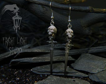 Hook Earrings with Double Skull Dagger | Gothic Dangle Jewellery Handmade in London | Macabre Goth Alt Gift