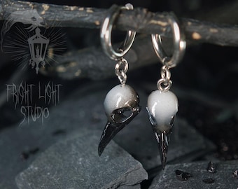 Raven Skull Thin Hoop Earrings | Skull Dangles for Dark Style | Witchcore Goth Gift