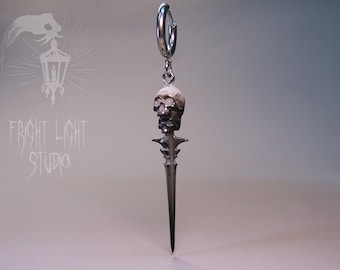 Hoop Earrings with Double Skull Dagger | Horror Pendant for Dark Aesthetics | Witchy Sword Goth Oddity Gift