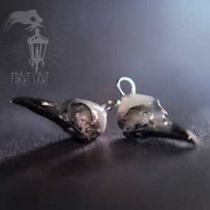 May include: A pair of silver earrings featuring small, detailed bird skull charms. The skulls are white with black accents and have a slightly textured finish.
