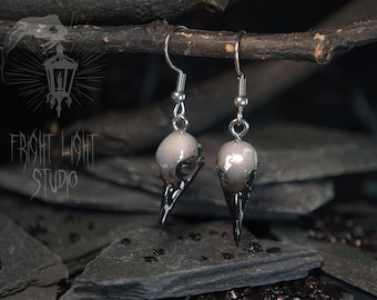 Raven Skull Dangle Hook Earrings | Gothic Dark Jewellery | Spooky Larp Gift