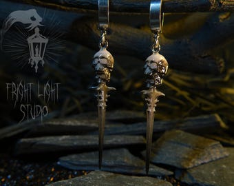 Thick Hoop Earrings with Double Skull Dagger | Macabre Horror Blade for Goth | Occult Alt Gift