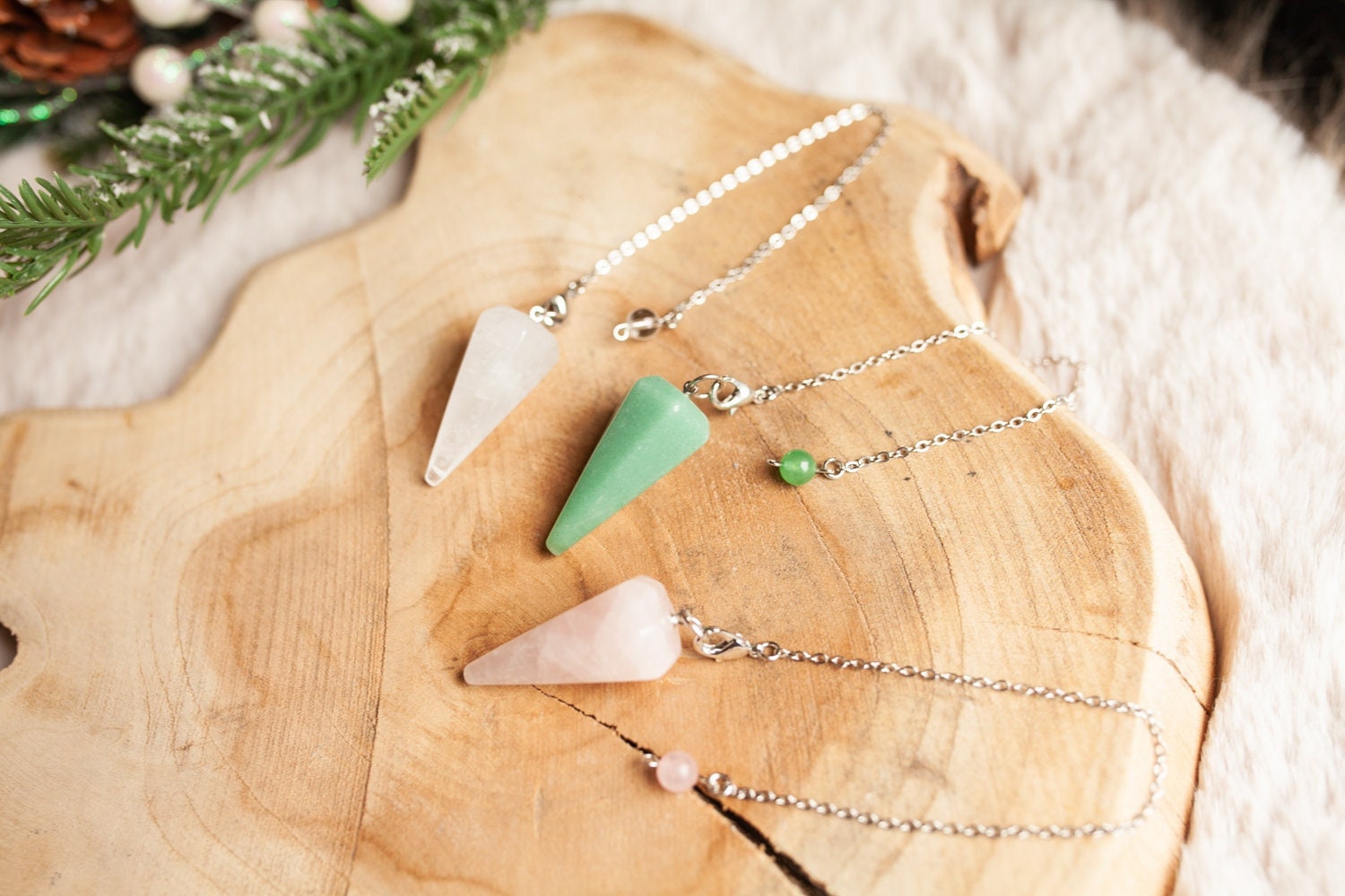 Pendule Cône en Cristal de Roche, Quartz Rose, Aventurine Verte. Radiesthésie, Pendule Divinatoire.