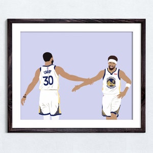 May include: Two basketball players wearing white jerseys with blue and yellow accents. The player on the left is wearing a jersey with the number 30 and the name "Curry" on the back. The player on the right is wearing a jersey with the words "Golden State Warriors" on the front. The players are facing each other and appear to be high-fiving.