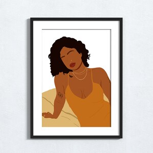 May include: A digital illustration of a woman with curly brown hair wearing a sleeveless, orange dress. She is sitting on a beige cushion and has a tattoo on her arm.