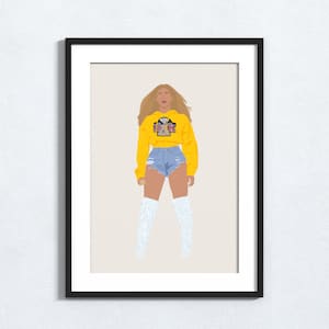 May include: A digital illustration of a person wearing a yellow hoodie with the text "F.A.K." on the front, denim shorts, and white furry boots. The background is a light beige color.