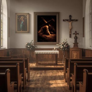 Pode incluir: Interior de uma igreja com bancos de madeira e um altar. Uma grande pintura emoldurada retrata uma figura carregando uma cruz. Outras obras de arte religiosa e um crucifixo são visíveis.