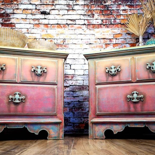 Now Sold! Upcycled wood Boho pair of nightstands bedside tables chest of drawers