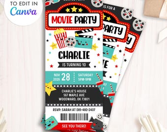 Editable Ticket Movie Birthday Invitation Template, Movie Party invite, Editable Invitations, Any Age Birthday, Instant Download, Canva