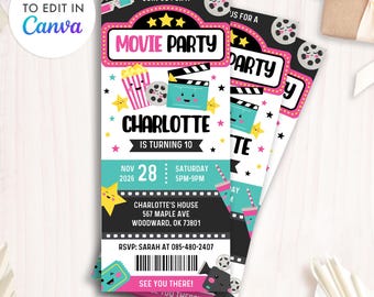 Editable Ticket Movie Birthday Invitation Template, Movie Party invite, Editable Invitations, Any Age Birthday, Instant Download, Canva