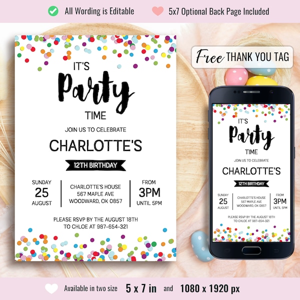 Confetti Birthday Invitation, fun and festive party, Colorful invite, Simple Birthday Bash Invitations, Editable Printable Template, Any Age