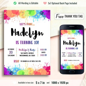 Schilderij verjaardag uitnodigen sjabloon, verf Splatter verjaardagsuitnodiging, regenboog kleurrijke bewerkbare Party Card, aquarel Instant Download