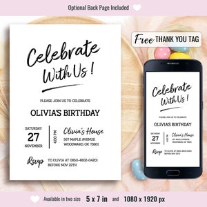 Simple Party Invite, Minimalist Birthday Invitation, Adult and Teen Invitation, White Invitations, Editable Template, instant Download