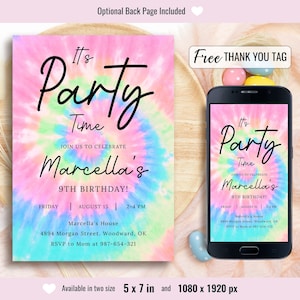 Invitation d'anniversaire Tie Dye, faire-part d'anniversaire arc-en-ciel Tie Dye, fête modifiable Tie Dye, carte d'invitations imprimables colorées, téléchargement immédiat