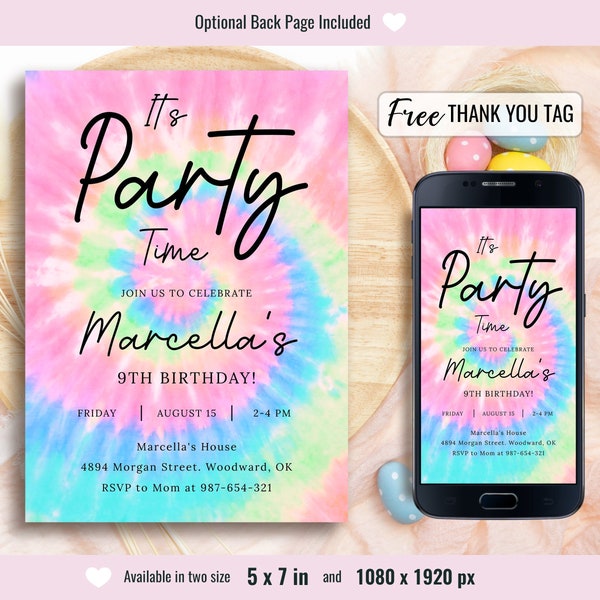 Tie Dye Birthday Invite, Rainbow Tie Dye Birthday Invitation, Editable Tie Dye Party, Colorful Printable Invitations card, Instant Download