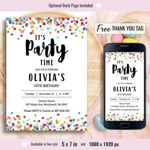 Faire-part de fête confettis, c'est l'heure de la fête, invitation colorée, invitations d'anniversaire simples, modèle imprimable modifiable, téléchargement immédiat